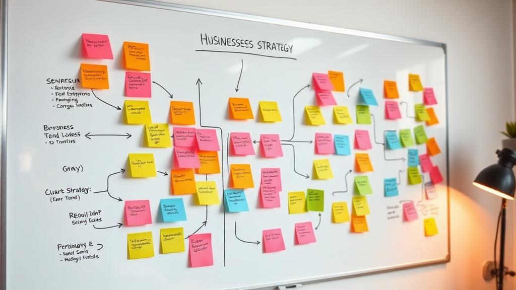 Tableau de stratégie avec post-its pour cartographier les hypothèses critiques d'un projet